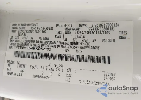 2019 Ford F-150 Xlt from USA, damaged, VIN 1FTEW1E54KKD52102